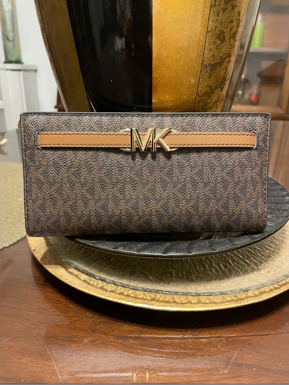 Michael Kors Brown MK Logo Continental Wallet with Tan Trim